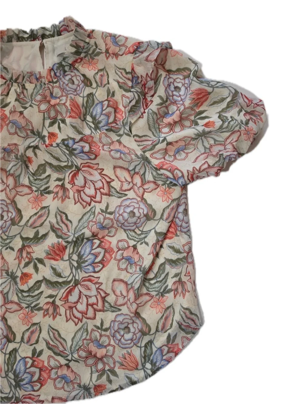 LOFT Blouse Womens XL White‎ Tunic High Neck Puff Sleeve Ruffle Button Chiffon